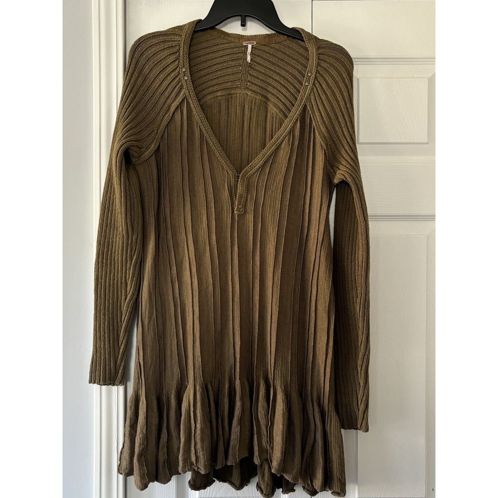 Free People M Olive Green Ribbed Ribs & Ruffles Knit Sweater Tunic - Picture 2 of 14